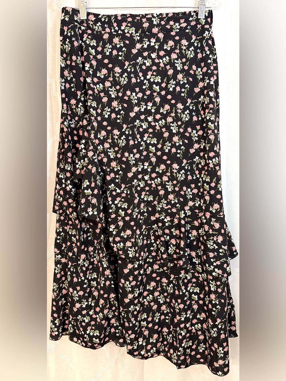 BTFBM Black Floral Wrap Midi Skirt Ruffle Hem Boho Romantic Size Large - Picture 12 of 13